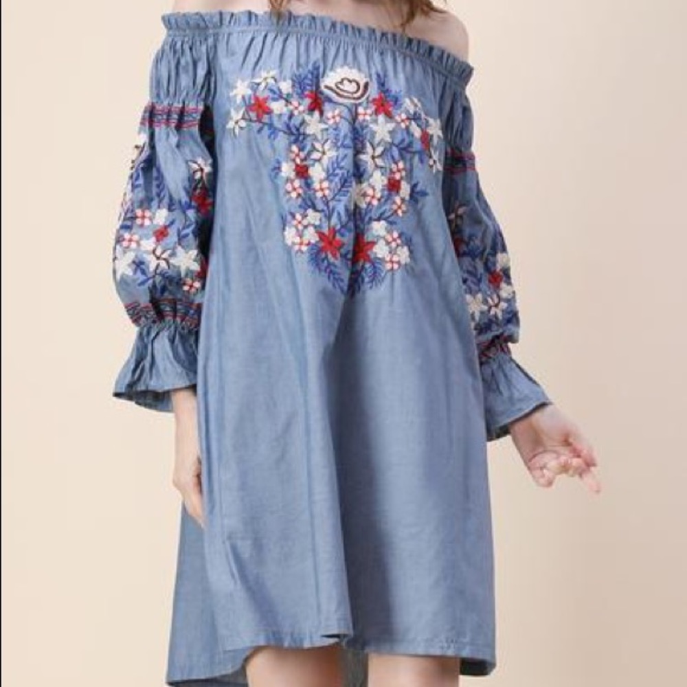 Chambray Embroidered Off the Shoulder Dress